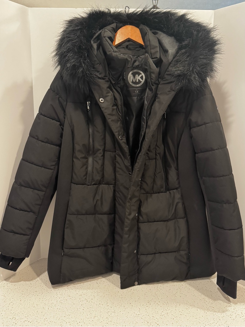 Michael Kors Black Puffer Coat with Faux Fur Hood - Size 1X